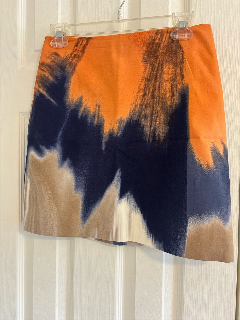 T Tahari Orange, Navy & Tan Abstract Mini Skirt